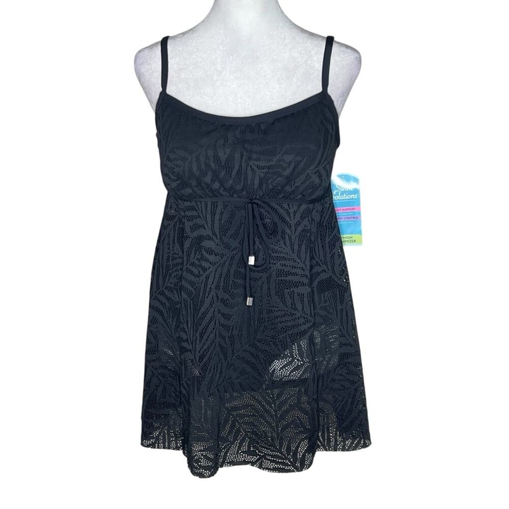 NWT Swim Solutions Babydoll Swimdress 12 Black Palm Mesh Tummy Control One Piece